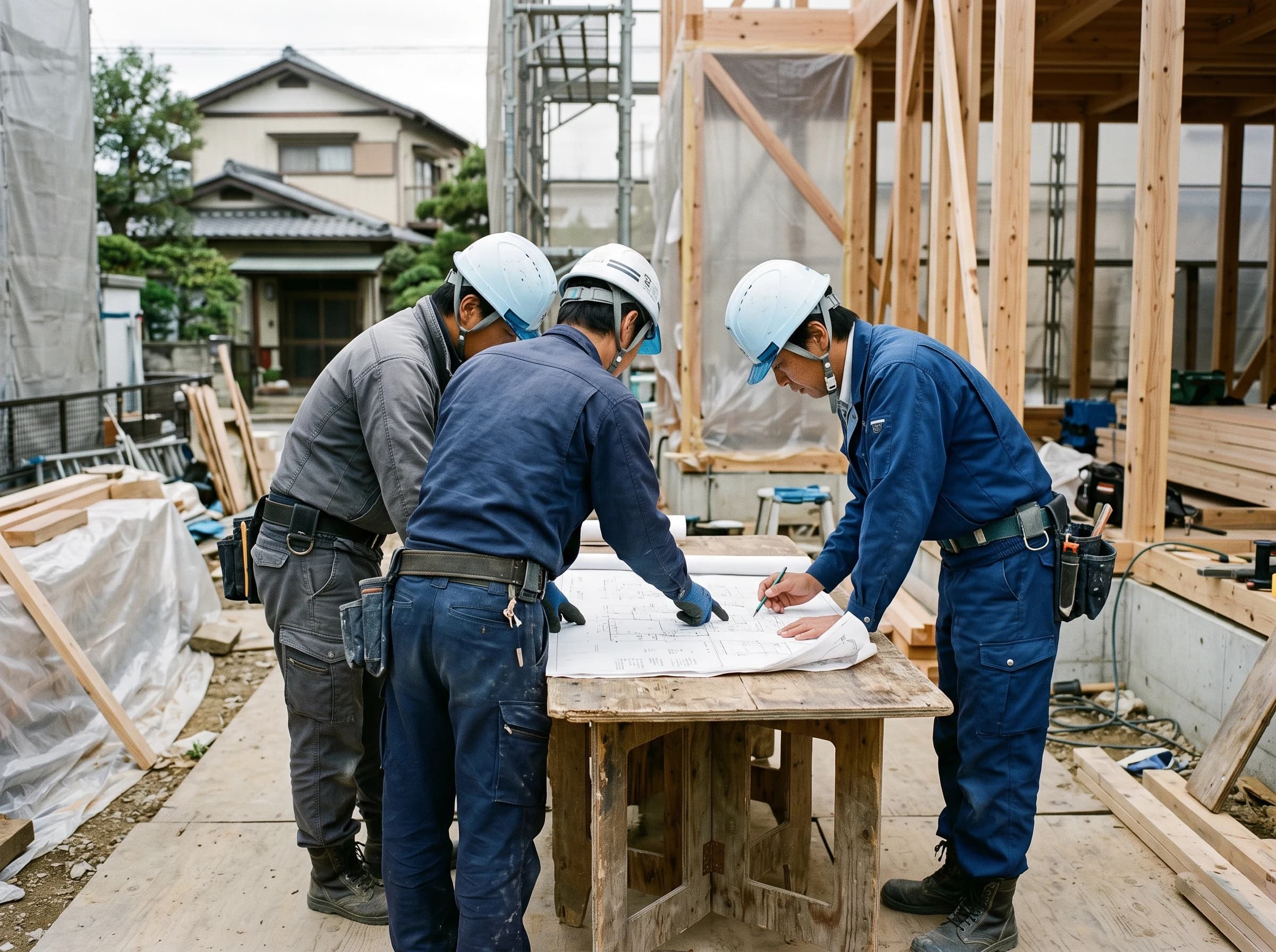 現場でプランを確認するスタッフ