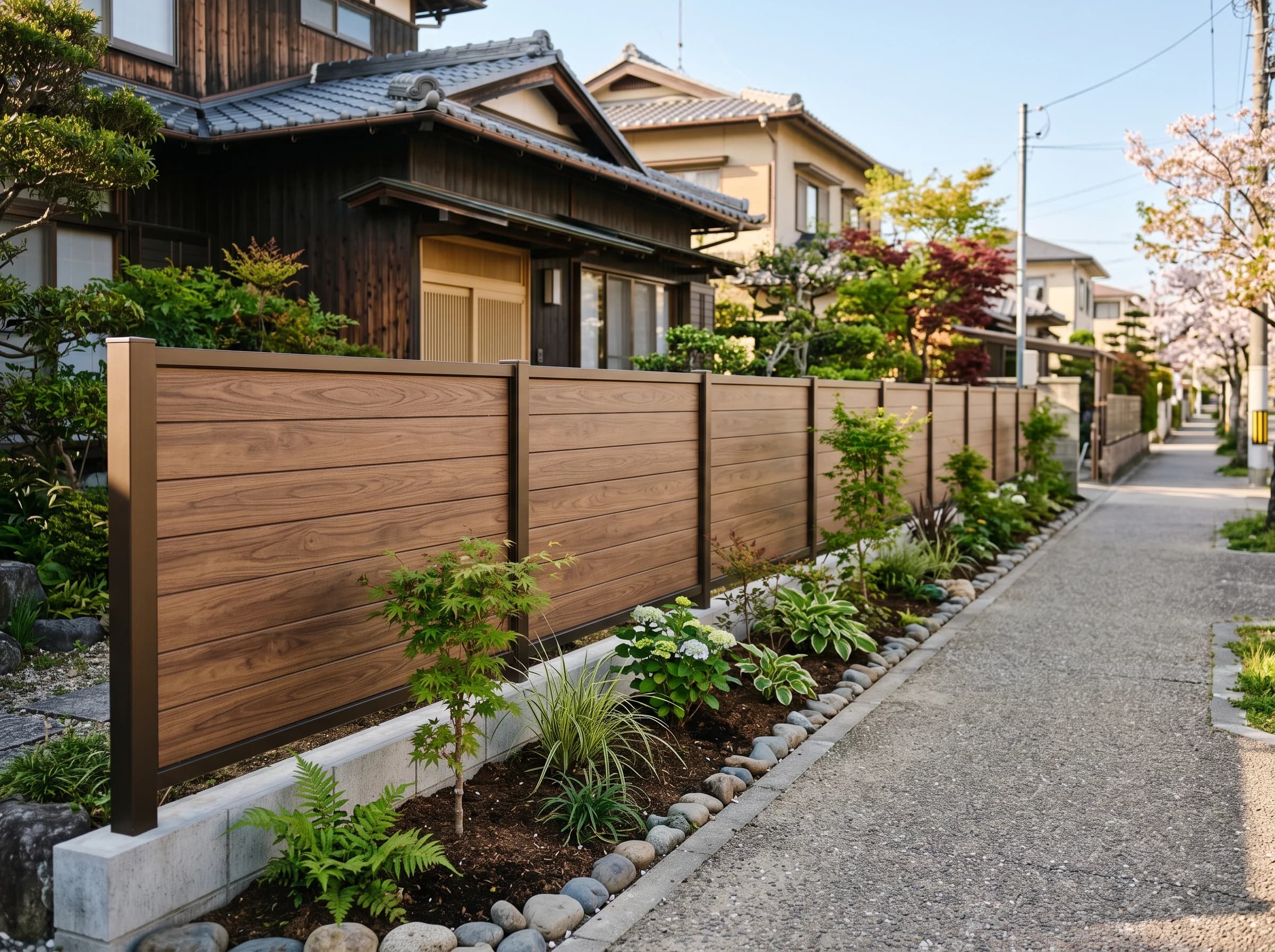 施工後の木目調フェンスと植栽